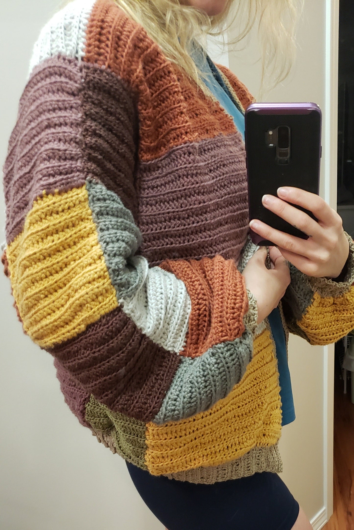 Crocheted Color Block Cardigan