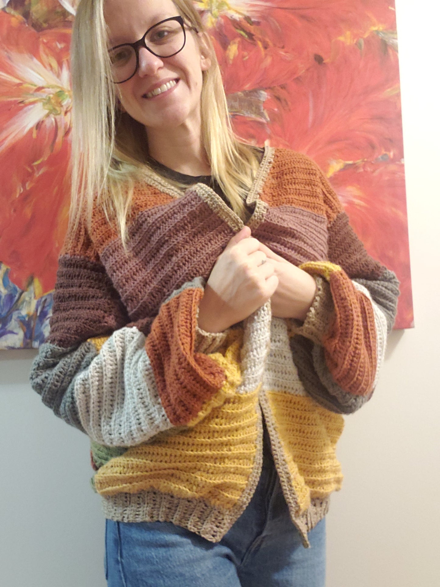 Crocheted Color Block Cardigan