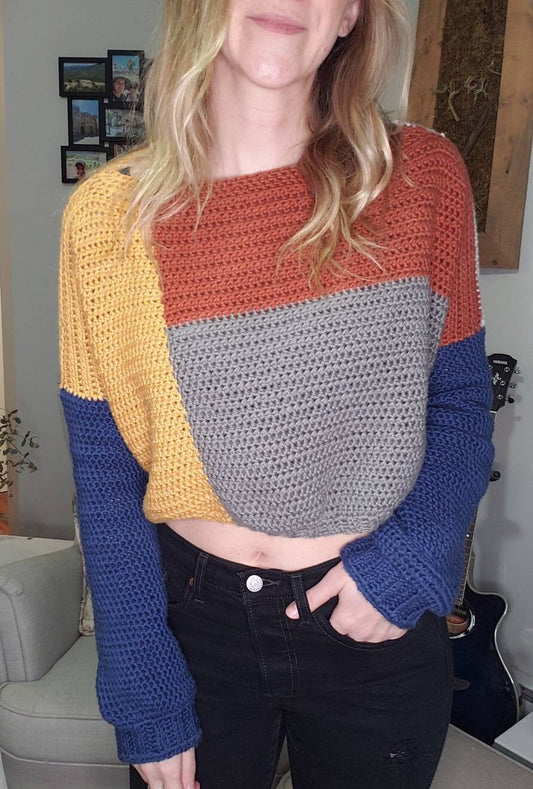 Crocheted Color Block Sweater